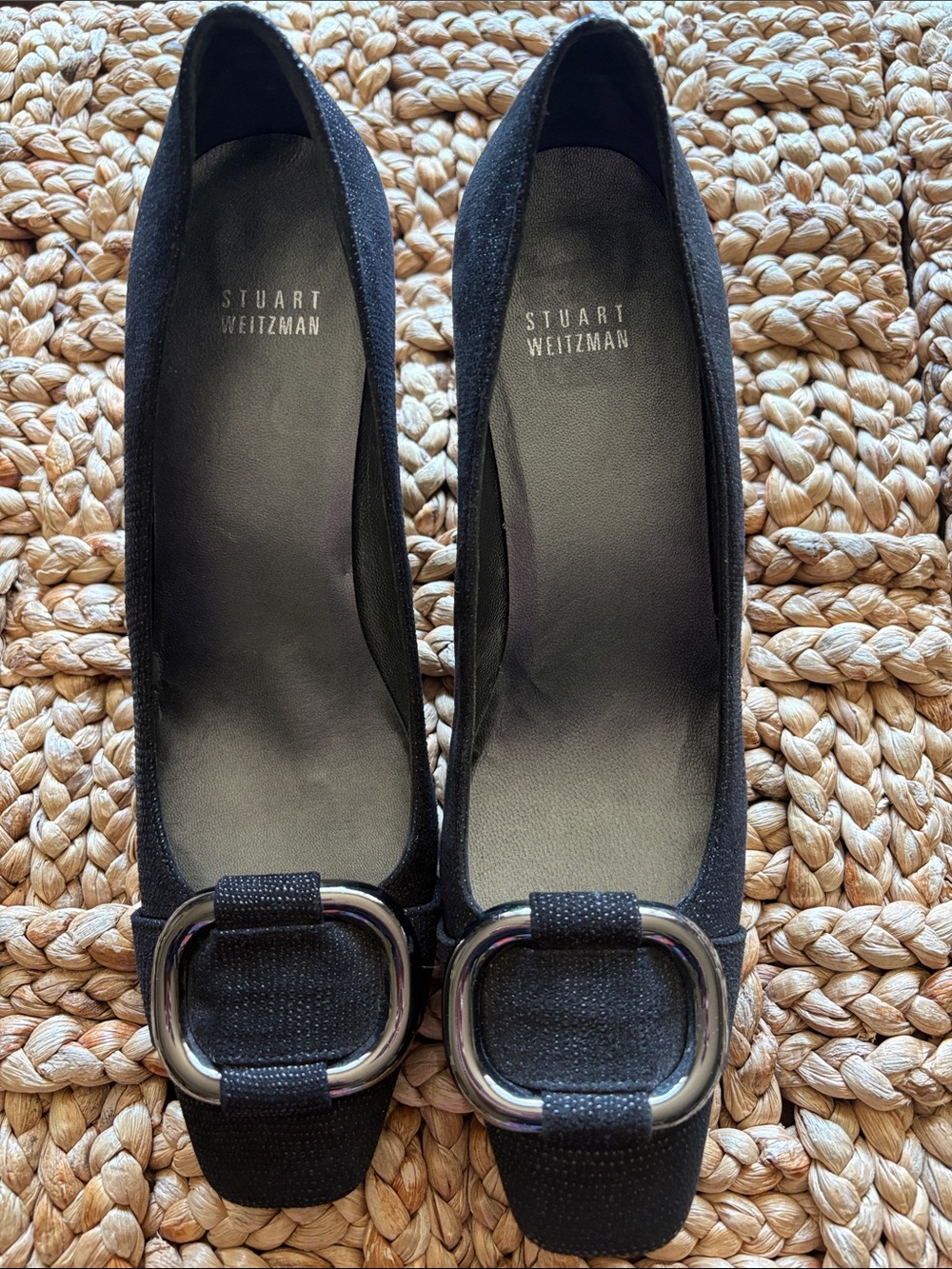 Stuart Weitzman Black Square-Toe pumps with Silver Buckles-size 8.5